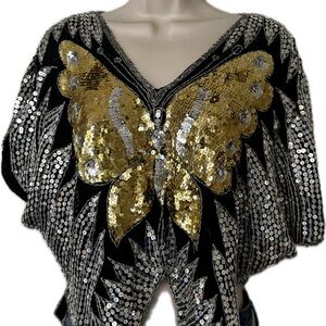 Vintage Sequin Butterfly Top - Black and Gold